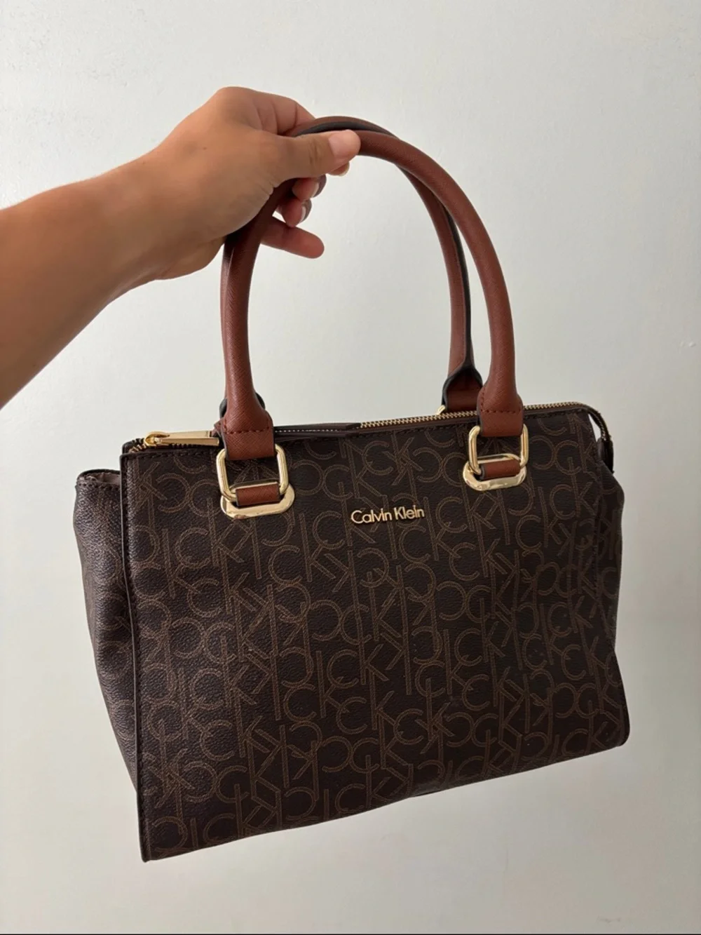 Calvin Klein Brown Monogram Zipper Handbag with Tan Handles and Gold Hardware